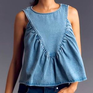 MARE MARE Anthro Western Babydoll Boho Coast Cowgirl L Denim Shirred Tank Blouse